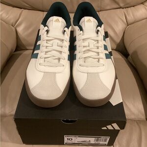 adidas White Sneakers with Teal Stripes and Gum Sole